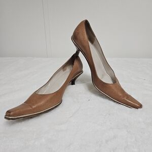 Vero Cuoio Size 9.5M Brown Leather Women's Slip On Pumps High Heeled Shoes with